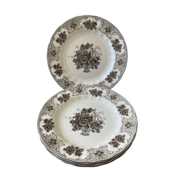 4pc Palate & Plate Victorian BROWN Rose Floral 10.5" Dinner Plates Scalloped New - Picture 2 of 15